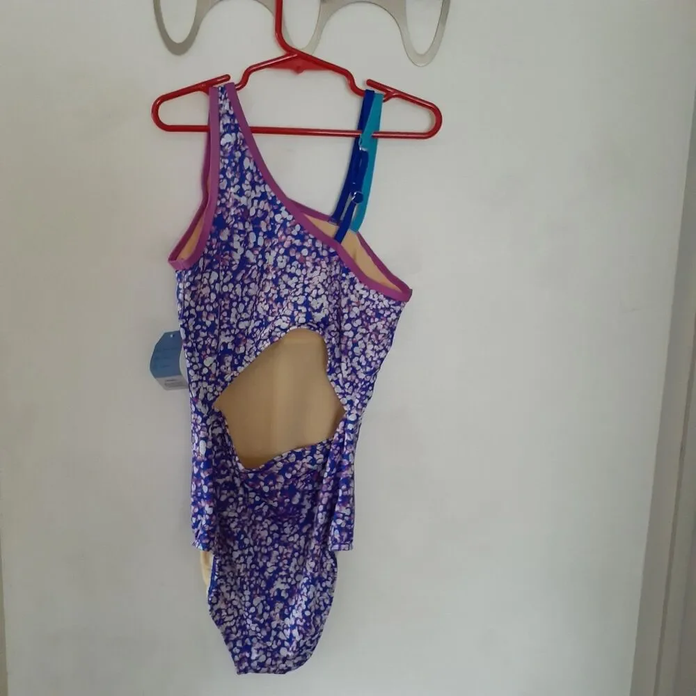 new $38 lands end swimsuit Girls Slim L Chlorine Resistant electric blue mosaic